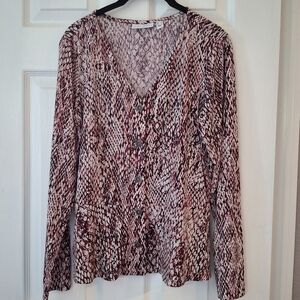 Susan Graver Wms Blouse Geometric Peplum Look Button Up Closure Sz M Liquid Knit